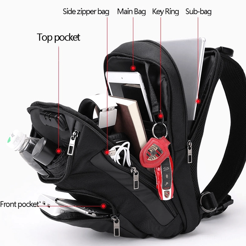 Opened mens sling bag interior top-down view showing multi-function compartments large storage capacity