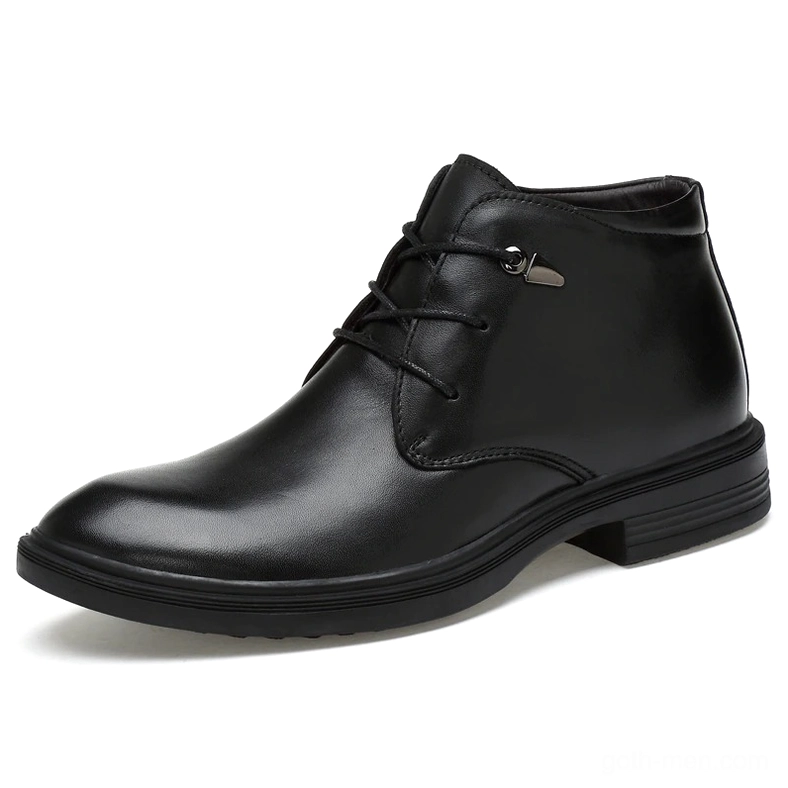 Men's black smooth leather gothic ankle boots with polished finish and metal lace-up fasteners, side view