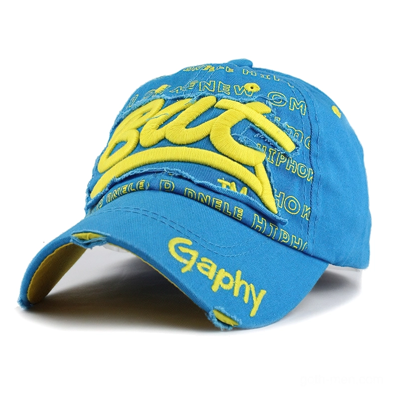 Electric blue gothic snapback hat with yellow 3D BUT inscription and frayed edge detail