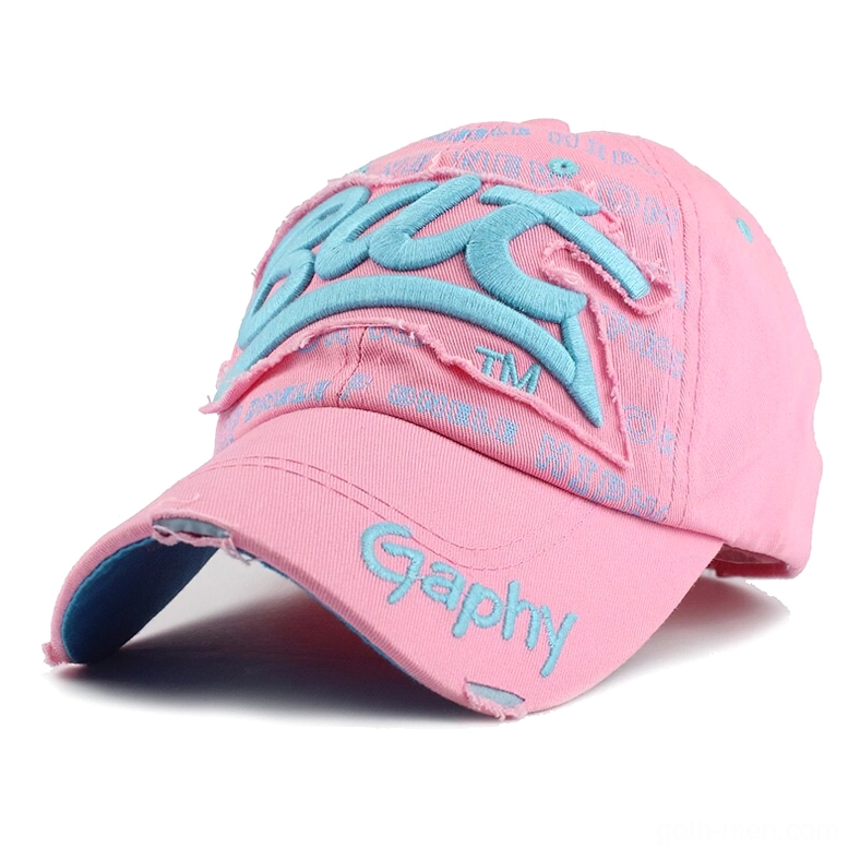 Light pink romantic goth snapback with blue 3D BUT embroidery and frayed brim detail