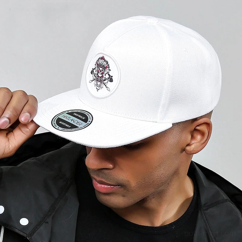 Gothic skull snapback cap angled perspective displaying adjustable back strap closure mechanism and embroidered skull badge design
