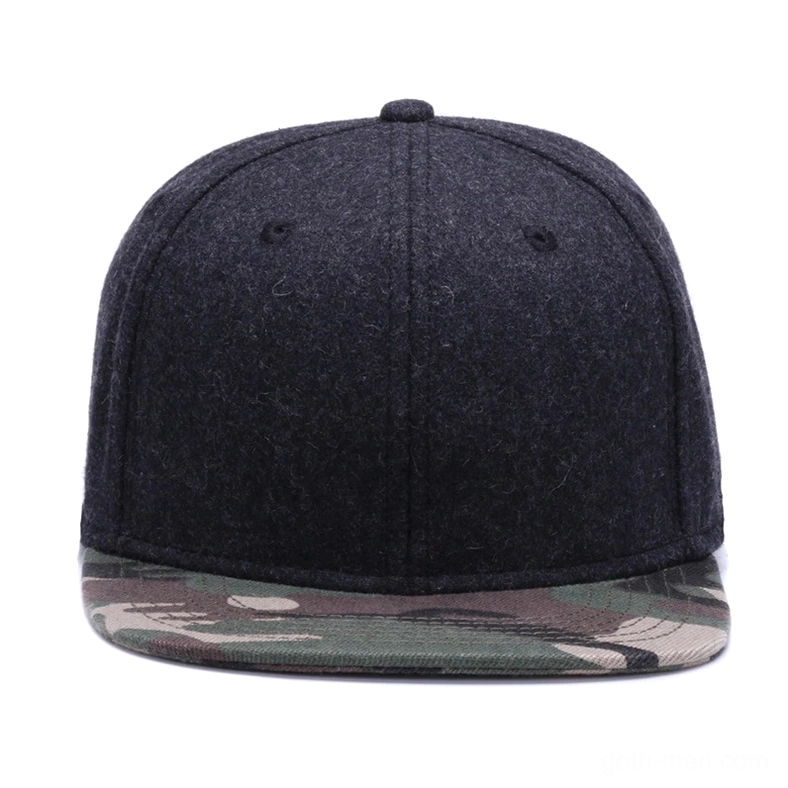 Gothic wool snapback cap rear view displaying adjustable snapback closure and camouflage brim pattern on dark body