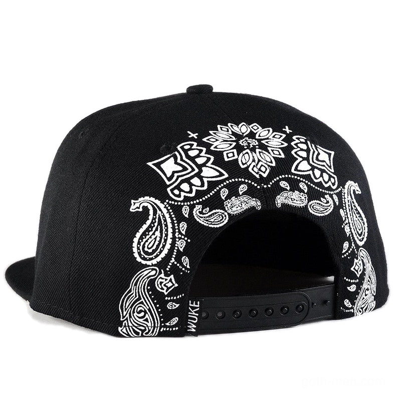 Adjustable snapback closure and rear view of black gothic cap with paisley bandana embroidery detail