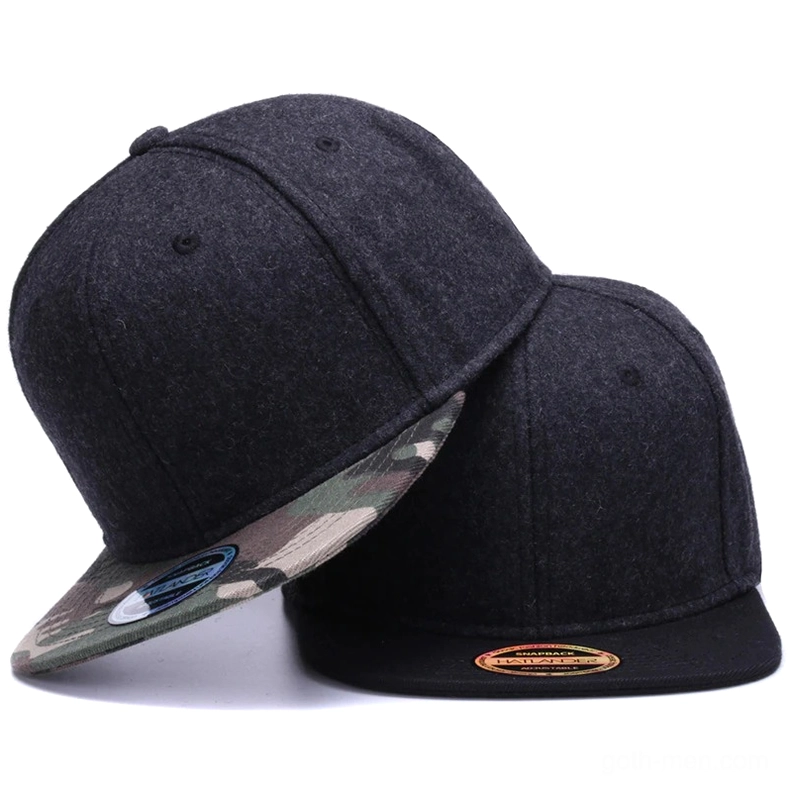 Two gothic wool snapback caps featuring black and camouflage colorways, oblique side view showcasing flat brim and adjustable back closure