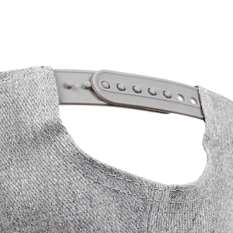 Snapback closure detail with gray fabric strap and adjustment mechanism