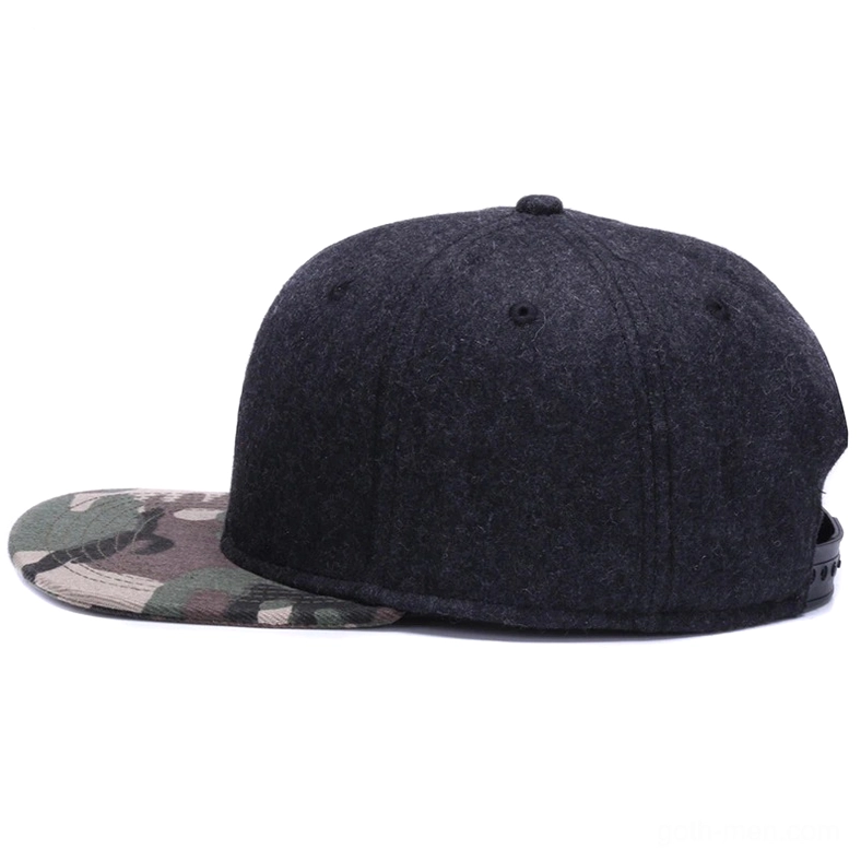 Adjustable snapback mechanism detail on gothic wool cap, side view showing rear strap and camouflage brim construction