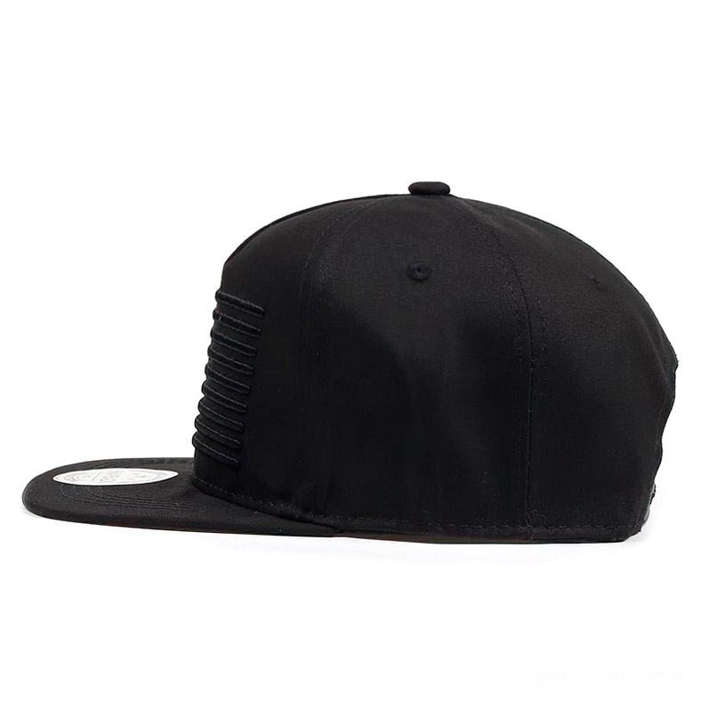 Black gothic snapback cap rear view with tonal flag stripe detail