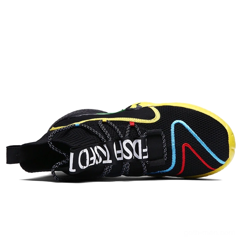 Upside-down gothic sneaker sole view showing reverse lettered pull tab and colorful sole accents bottom view