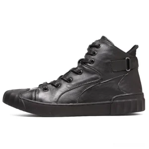 Genuine leather gothic sneaker right side showing ridged rubber outsole and matte black finish