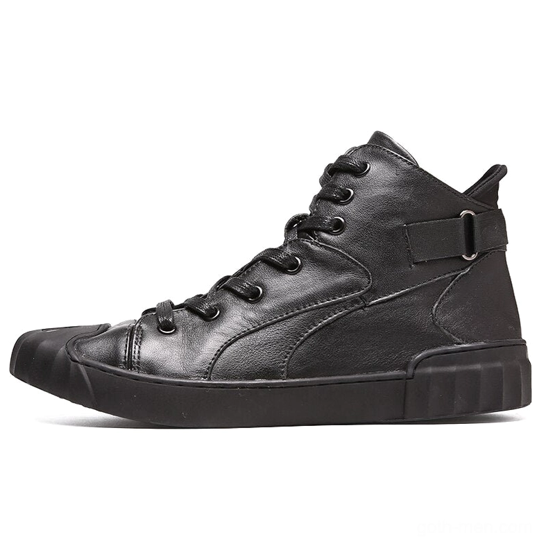 Genuine leather gothic sneaker right side showing ridged rubber outsole and matte black finish