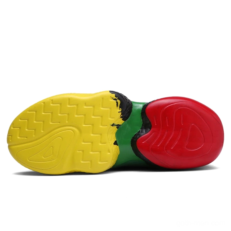 Gothic sneaker outsole flat lay showing tri-color yellow green red segmented tread and non-slip texture
