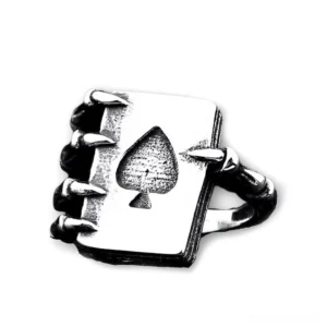 Gothic skeleton claw spade ring front flat view displaying vintage dark silver finish and embossed spade motif