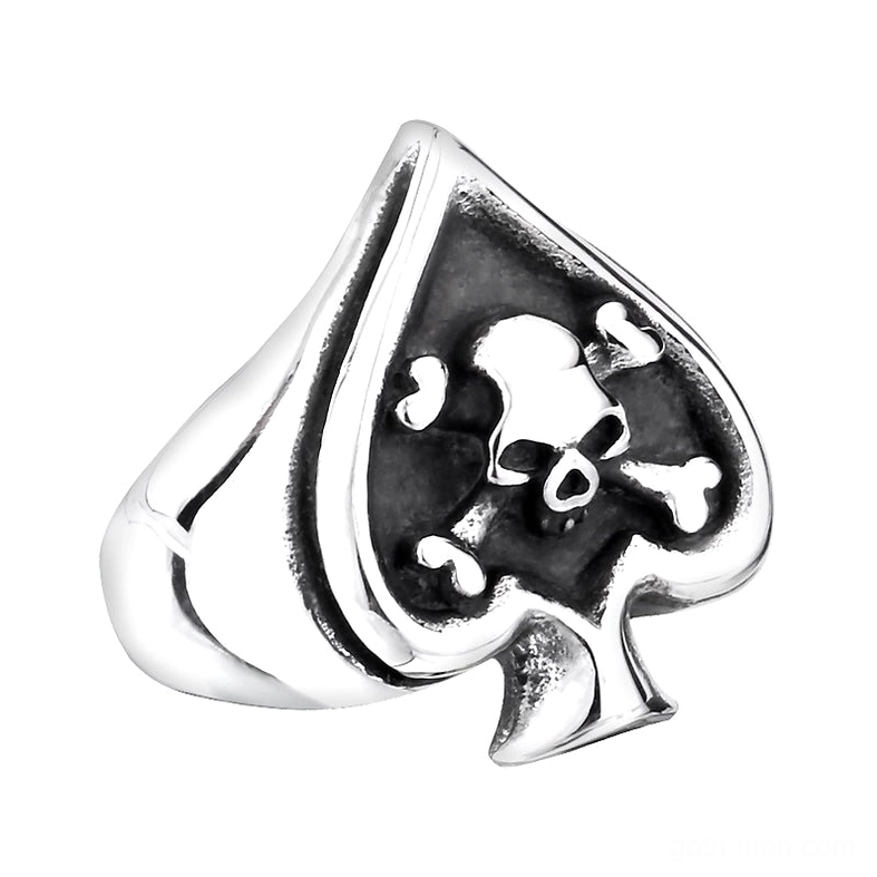 High polished silver gothic spade skull ring side angle showing raised spade frame and embossed crossbones