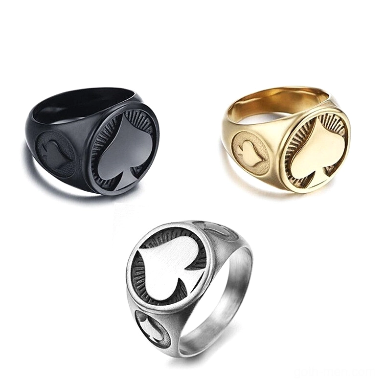 Three gothic spade rings comparison - black matte, silver brushed, and gold polished finishes