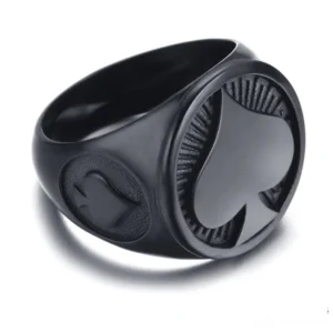 Gold stainless steel gothic spade signet ring for men, three-quarter view on white background
