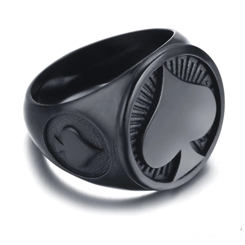 Gold stainless steel gothic spade signet ring for men, three-quarter view on white background