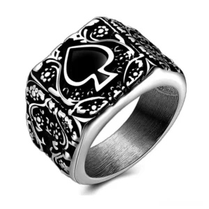 Gothic spade signet ring for men, silver stainless steel with ornate floral engravings and black spade inlay, top-down flat view