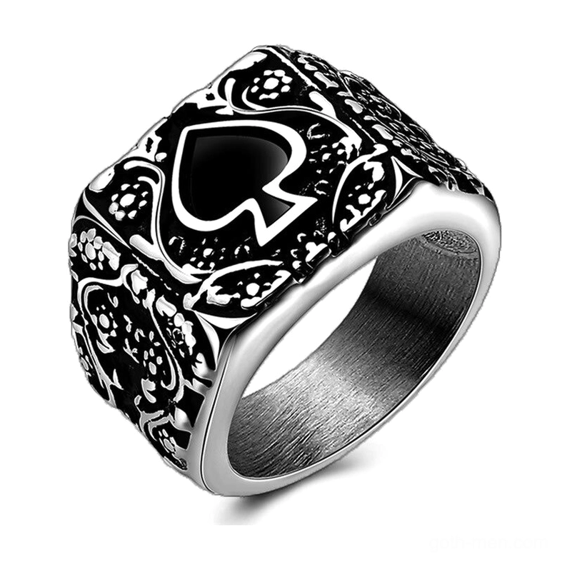 Gothic spade signet ring for men, silver stainless steel with ornate floral engravings and black spade inlay, top-down flat view