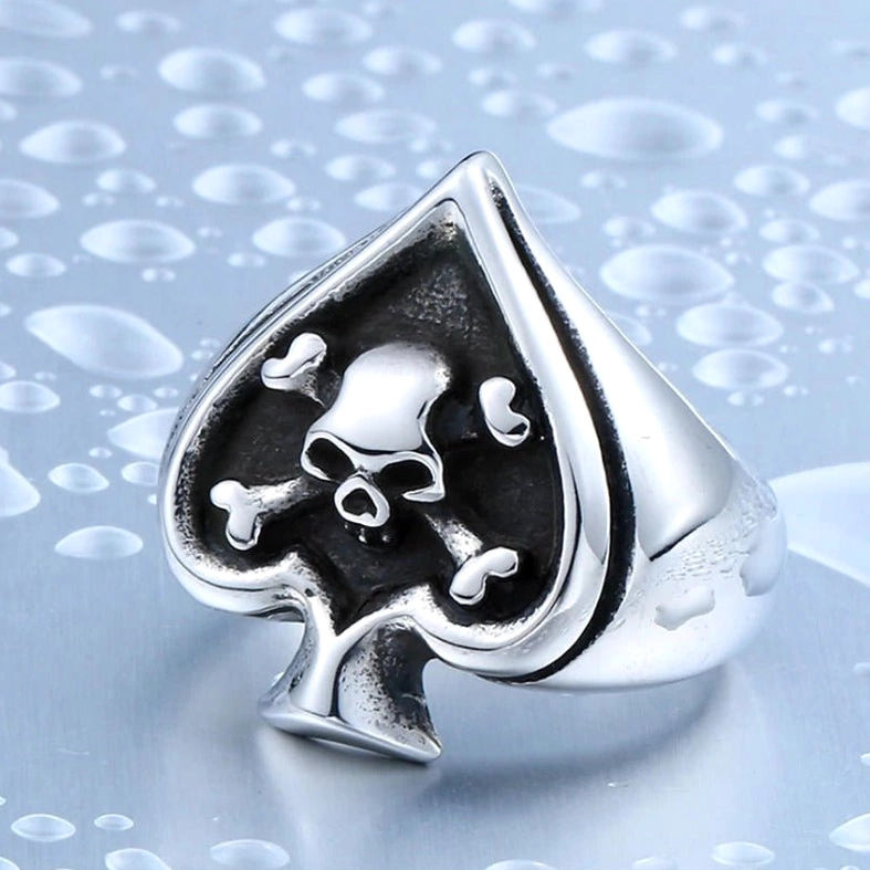 Alternative view of gothic spade skull ring showing overall band construction and stone setting details