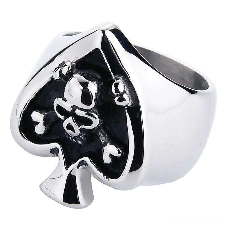 Polished stainless steel gothic ring front oblique view showing contrast between bright metal and dark engraved skull