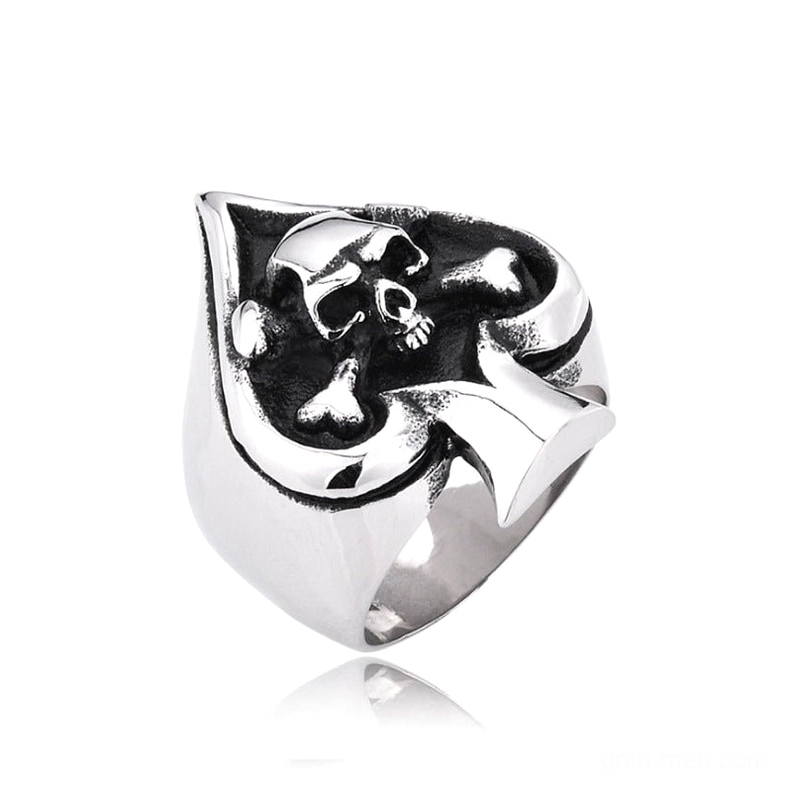 Gothic spade skull cross stainless steel ring oblique top view showing embossed skull and crossbones design