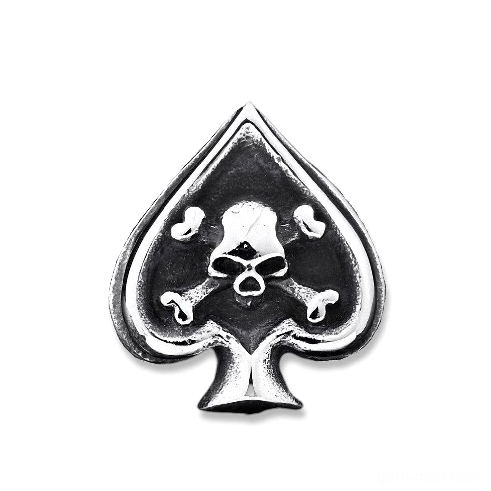 Direct overhead view of compact gothic spade ring showing intricate engraved skull crossbones dark filled details