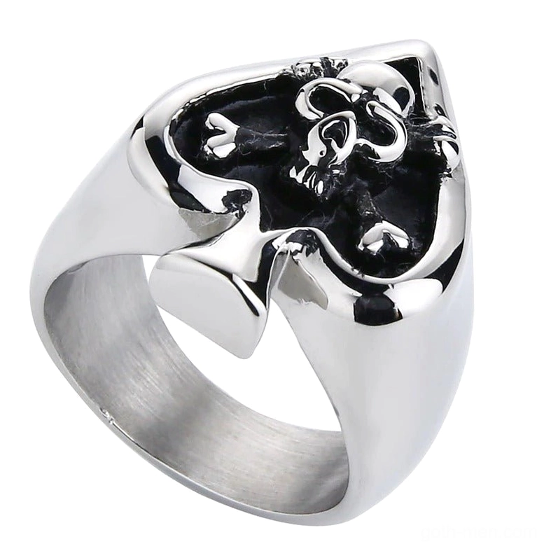 Thick gothic signet ring with spade shape and detailed skull crossbones three-quarter side profile