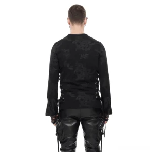 Back view of gothic spider web sweatshirt showing full skull print pattern and side lace-up detail with leather pants styling