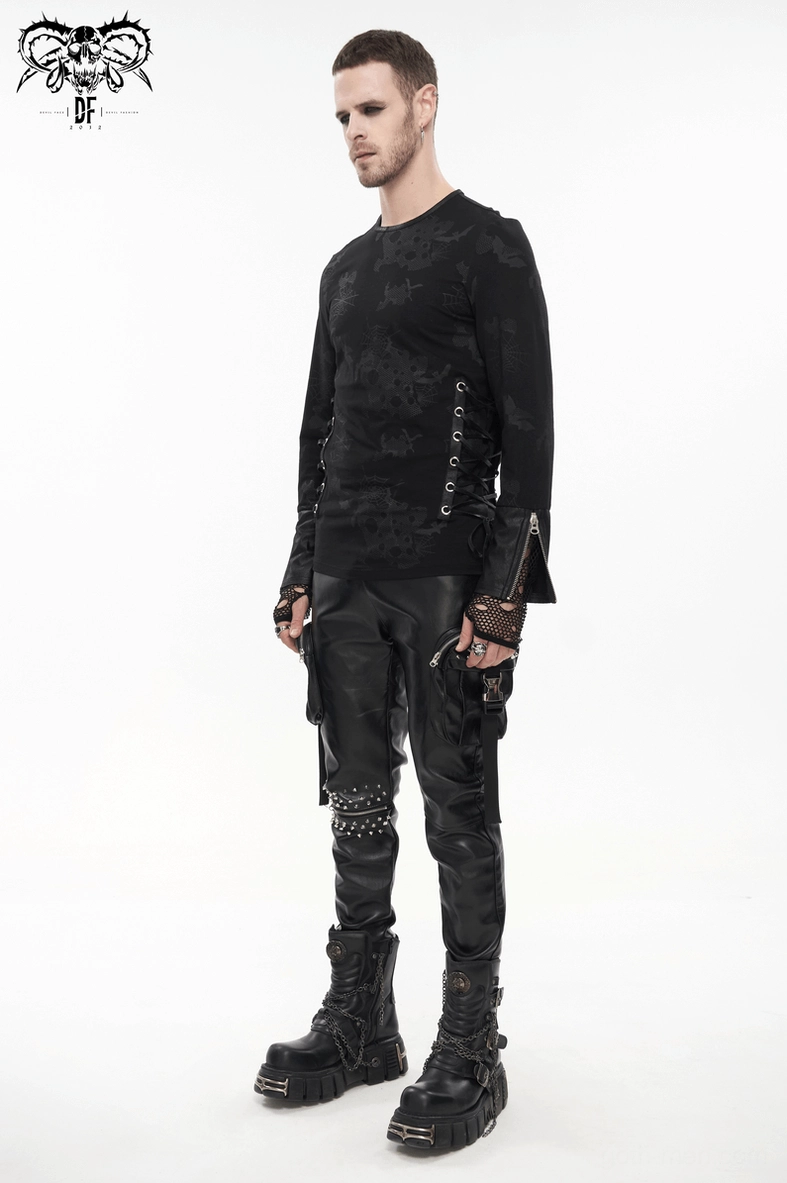 Full outfit styling of gothic spider web sweatshirt paired with leather pants, chain accessories, and platform combat boots