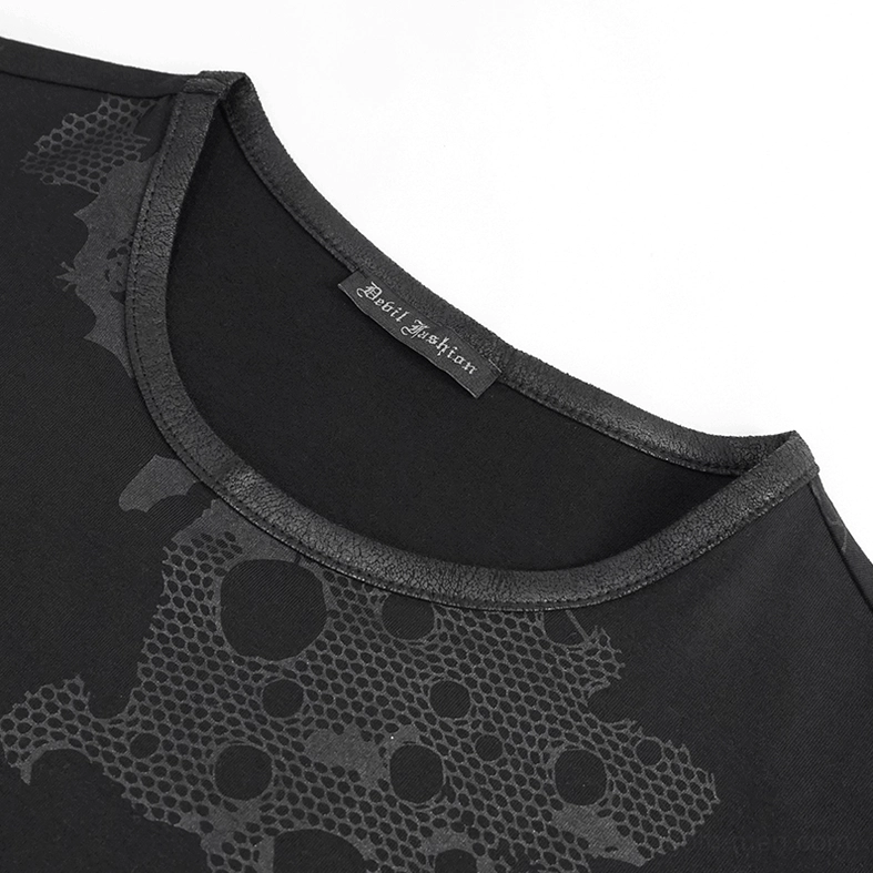 Close-up detail of crew neck showing honeycomb mesh skull print, soft black knit fabric texture, and brand quality construction