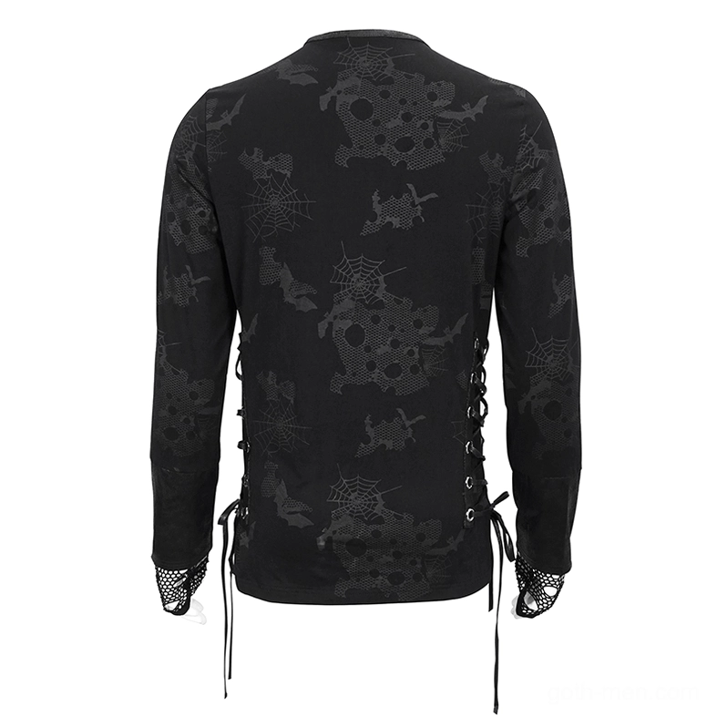 Flat lay back view of gothic spider web skull sweatshirt showing all-over print pattern, mesh glove cuffs, and side lace-up details