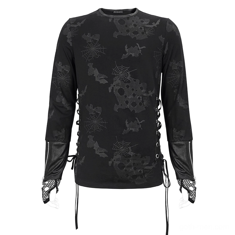 Flat lay front view of black gothic sweatshirt displaying spider web print, lace-up side grommets, and leather cuff with zipper detail