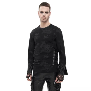 Men's gothic spider web skull sweatshirt with side lace-up grommets, black fitted silhouette front view with leather cuffs and mesh fingerless gloves