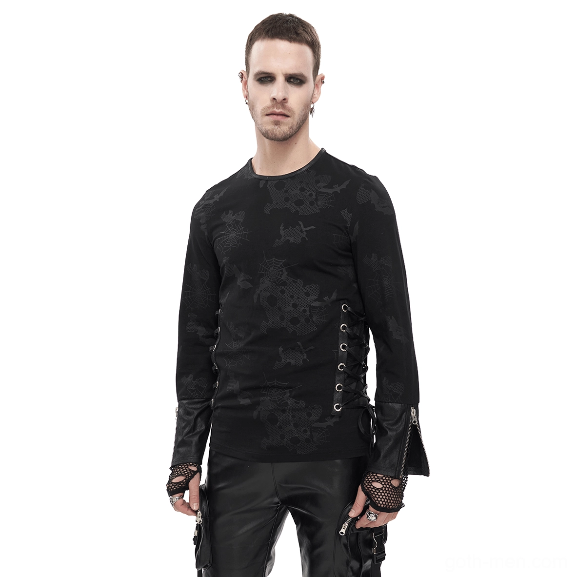 Men's gothic spider web skull sweatshirt with side lace-up grommets, black fitted silhouette front view with leather cuffs and mesh fingerless gloves
