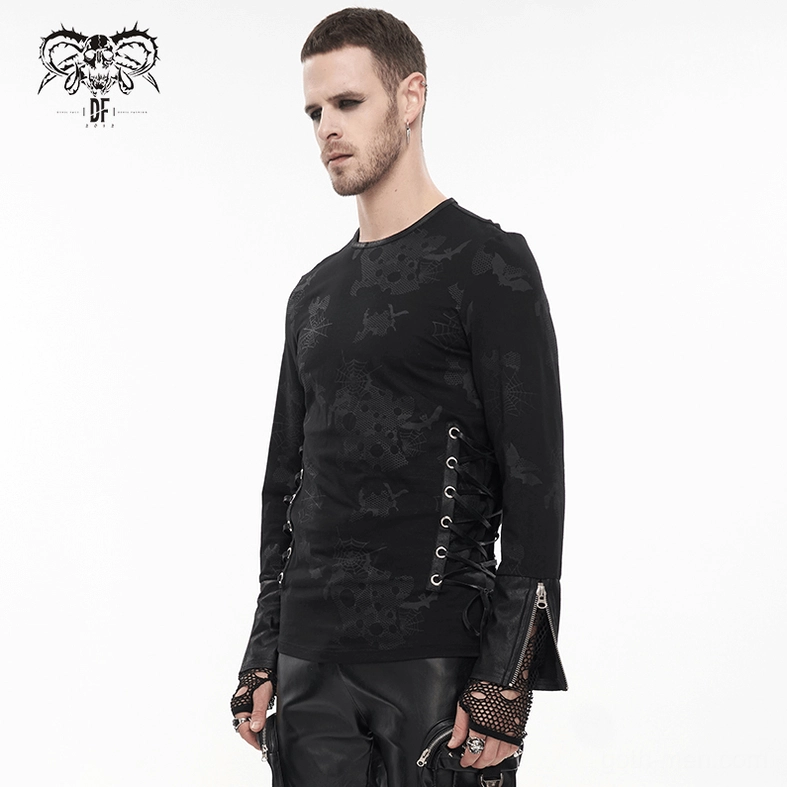 Side profile model wearing black gothic spider web sweatshirt with leather cuffs, mesh fingerless gloves, and fitted silhouette