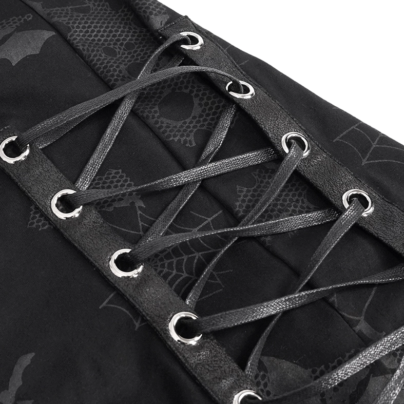 Product detail shot of black gothic sweatshirt highlighting spider web print pattern, fabric quality, and mesh glove integration