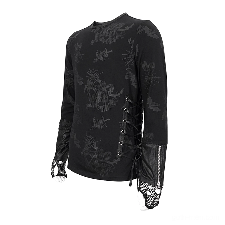 Side profile flat lay of gothic sweatshirt displaying front lace-up side design, zipper-adorned leather cuff, and mesh glove accents
