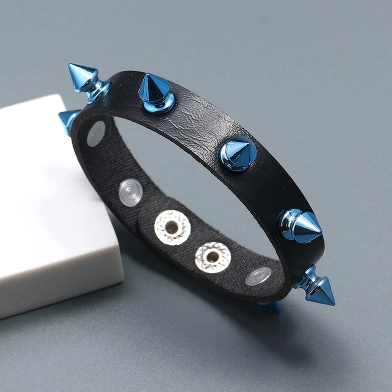Black PU leather gothic spike bracelet detail view showing blue conical rivets and hardware
