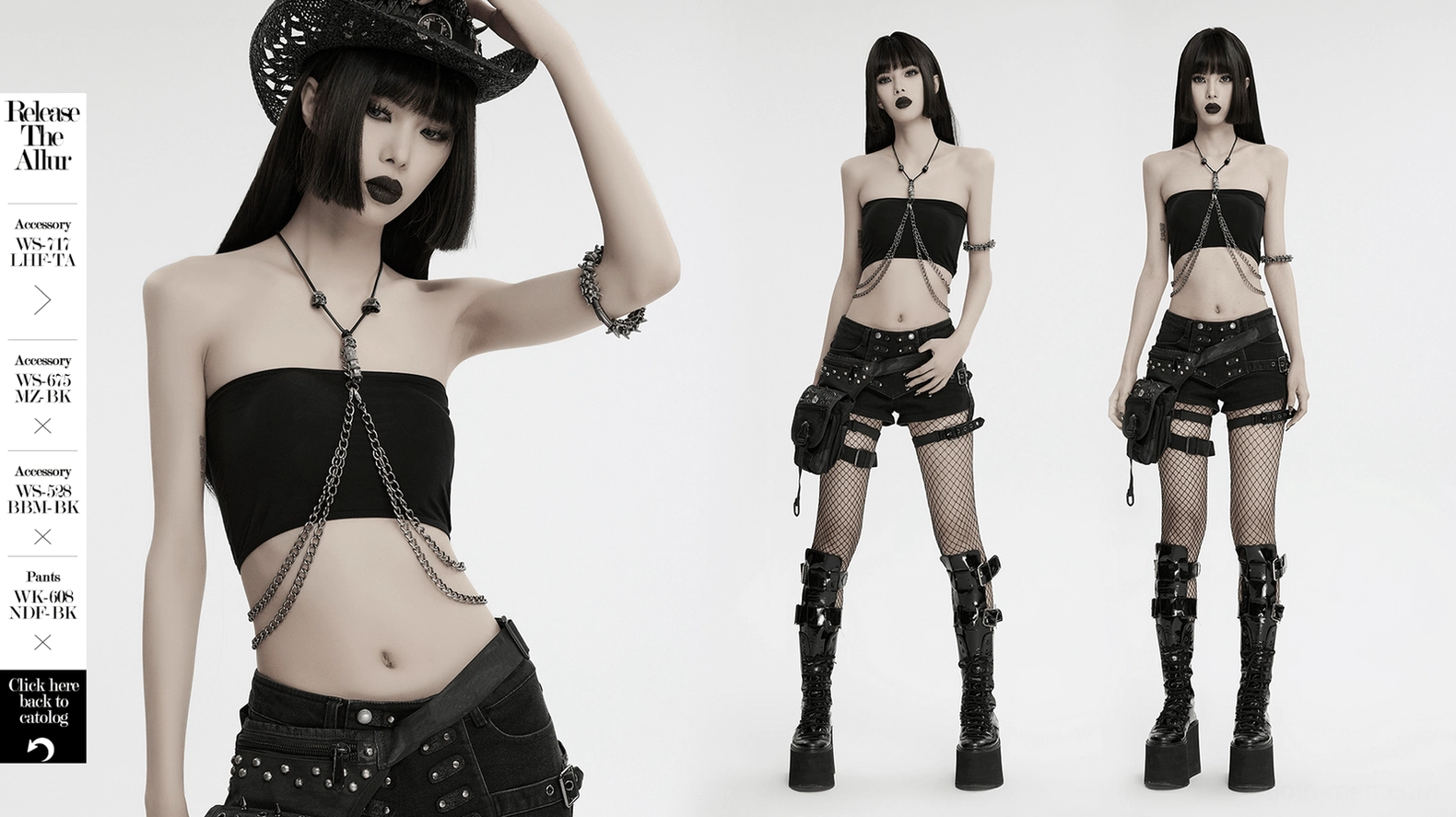 Multiple goth models showcasing vertebra spike metal bracelet with dark punk aesthetic styling