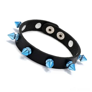 Adjustable punk gothic bracelet side profile showing blue metal studs and snap closure hardware