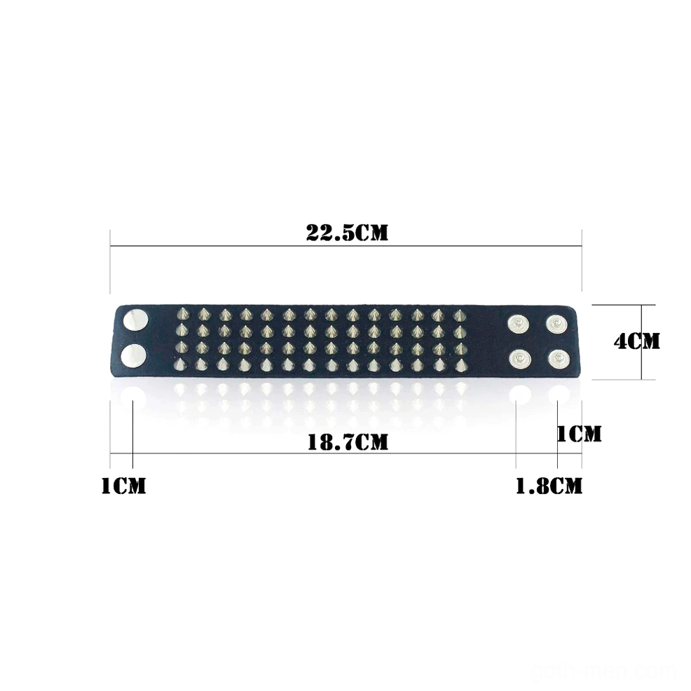Bracelet size specification chart with dimension measurements, length and width markings for gothic spike bangle reference