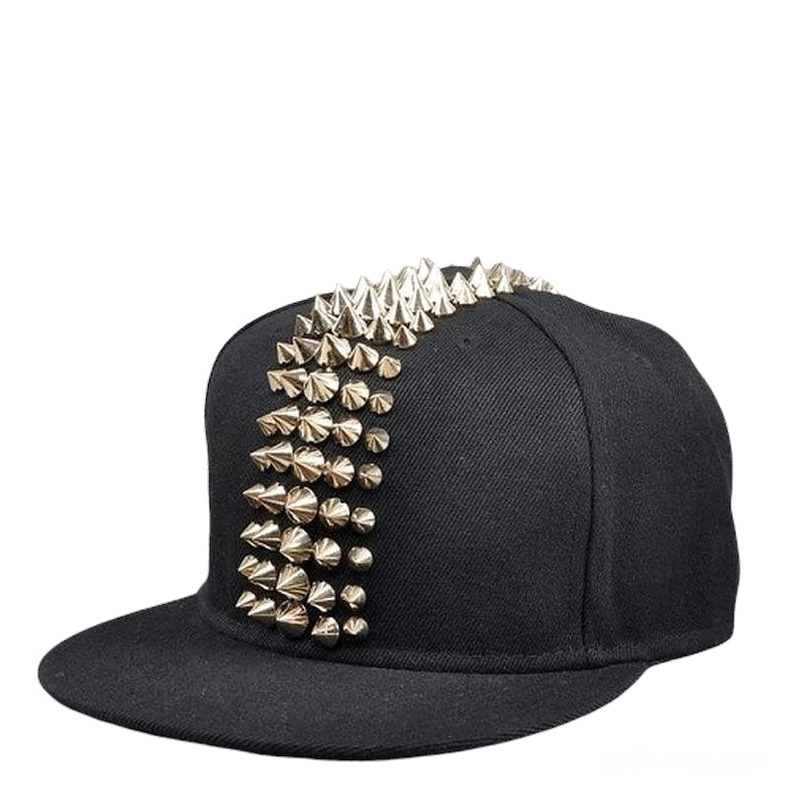 Gold spike studded gothic snapback cap, luxe metal embellishments on black base, alternative fashion headwear