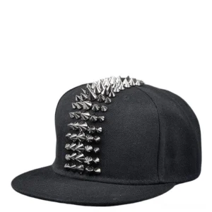 Silver metal spike studded gothic snapback cap, reflective studs on black cotton canvas, alternative punk style