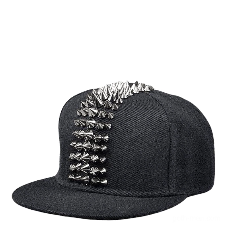 Silver metal spike studded gothic snapback cap, reflective studs on black cotton canvas, alternative punk style