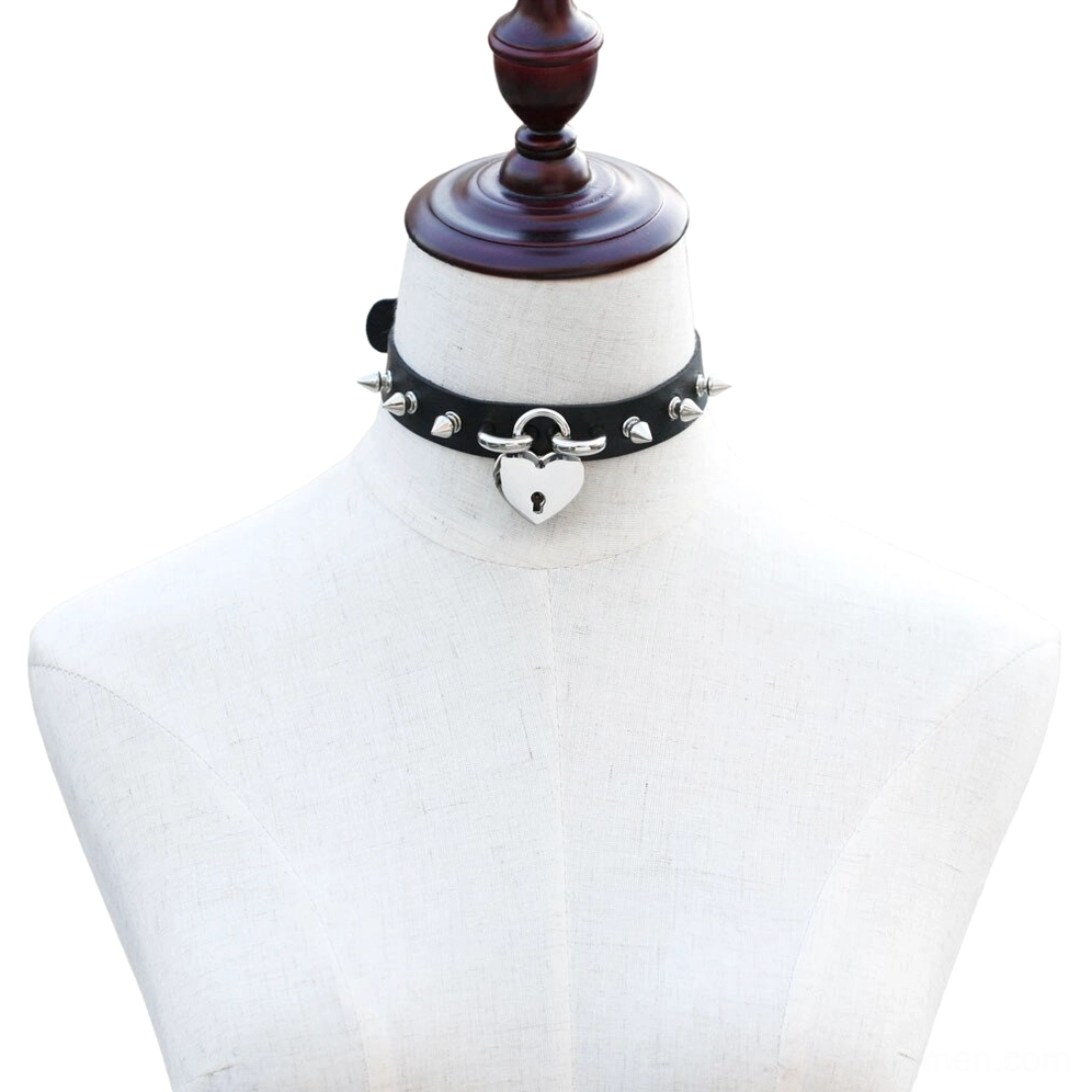 Gothic heart lock spike choker necklace detail view showing PU leather construction and silver spike hardware