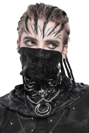 Black spiked leather gothic choker with skull charms and metal rings on male model with dreadlocks, front view