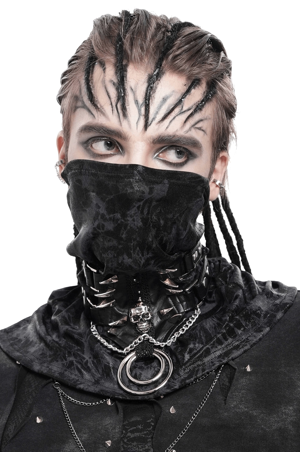 Black spiked leather gothic choker with skull charms and metal rings on male model with dreadlocks, front view