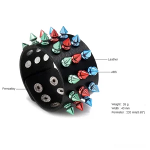 Gothic punk spike leather cuff bracelet side perspective showing material specifications and colorful spike decoration details