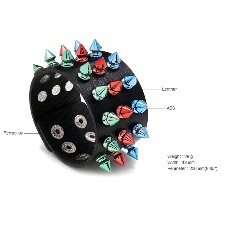 Gothic punk spike leather cuff bracelet side perspective showing material specifications and colorful spike decoration details
