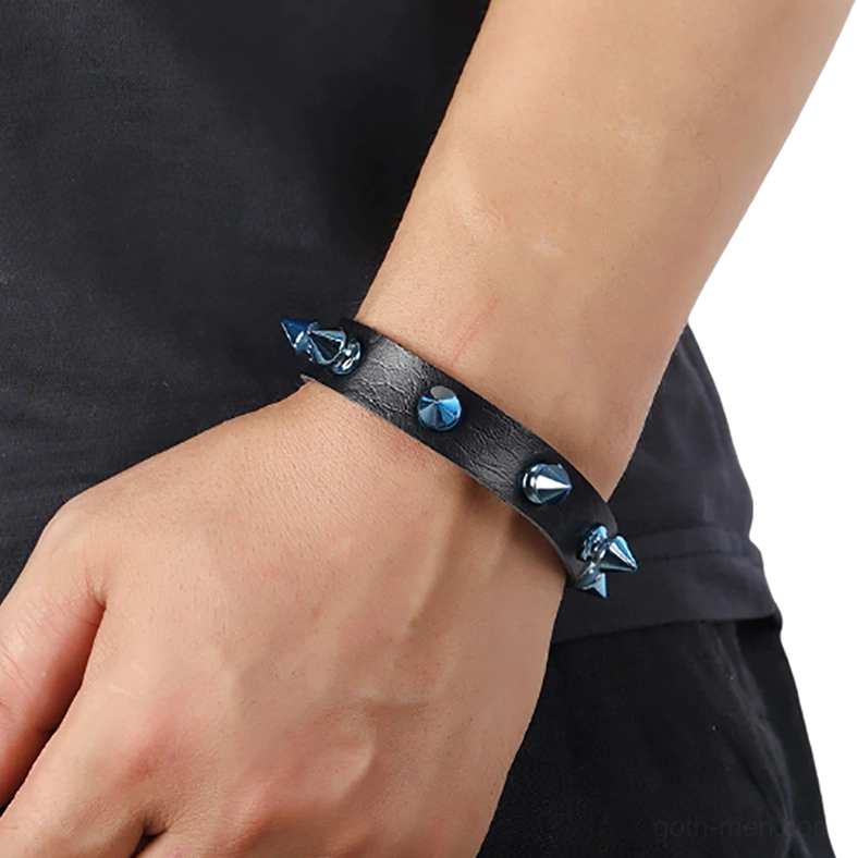 Gothic spike bracelet worn on unisex wrist, close-up side view demonstrating fit and comfort